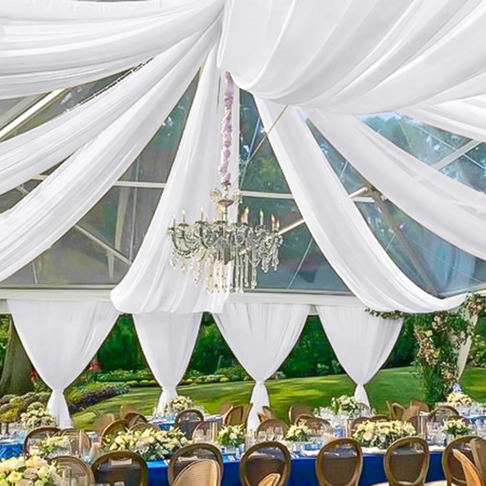 REWOMC 10 Panels White Ceiling Drapes for Wedding 5ftx10ft Sheer Drapery Chiffon Fabric Arch Draping Curtains for Party Ceremony Birthday Baby Shower