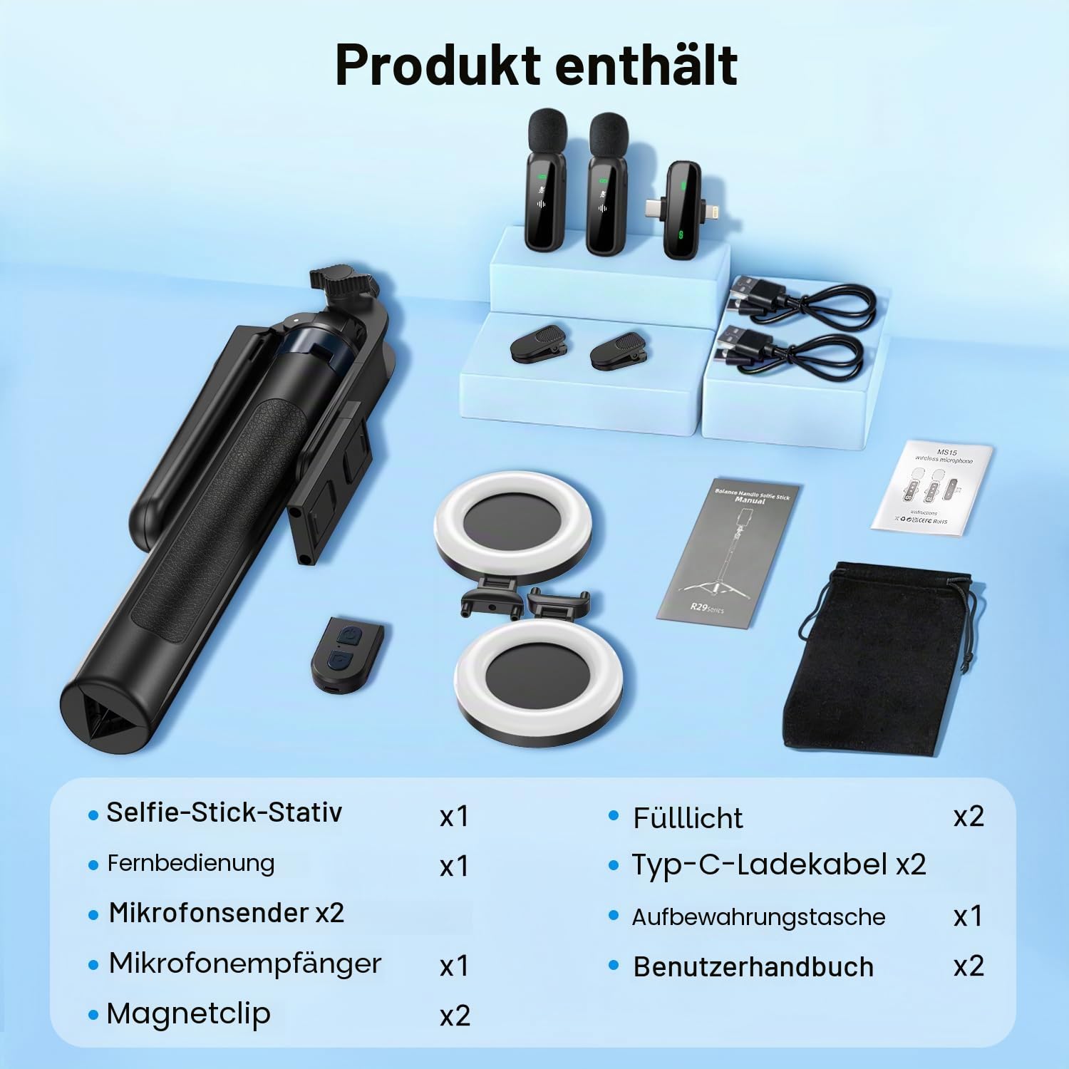 yAyusi Vlogging-Kit für iPhone/Android, 180 cm Ausziehbares Selfie-Stick-Stativ mit Licht, Fernbedienung und Mikrofon, Unverzichtbares Starter-Kit für TikTok/YouTube/Content-Ersteller/Influencer