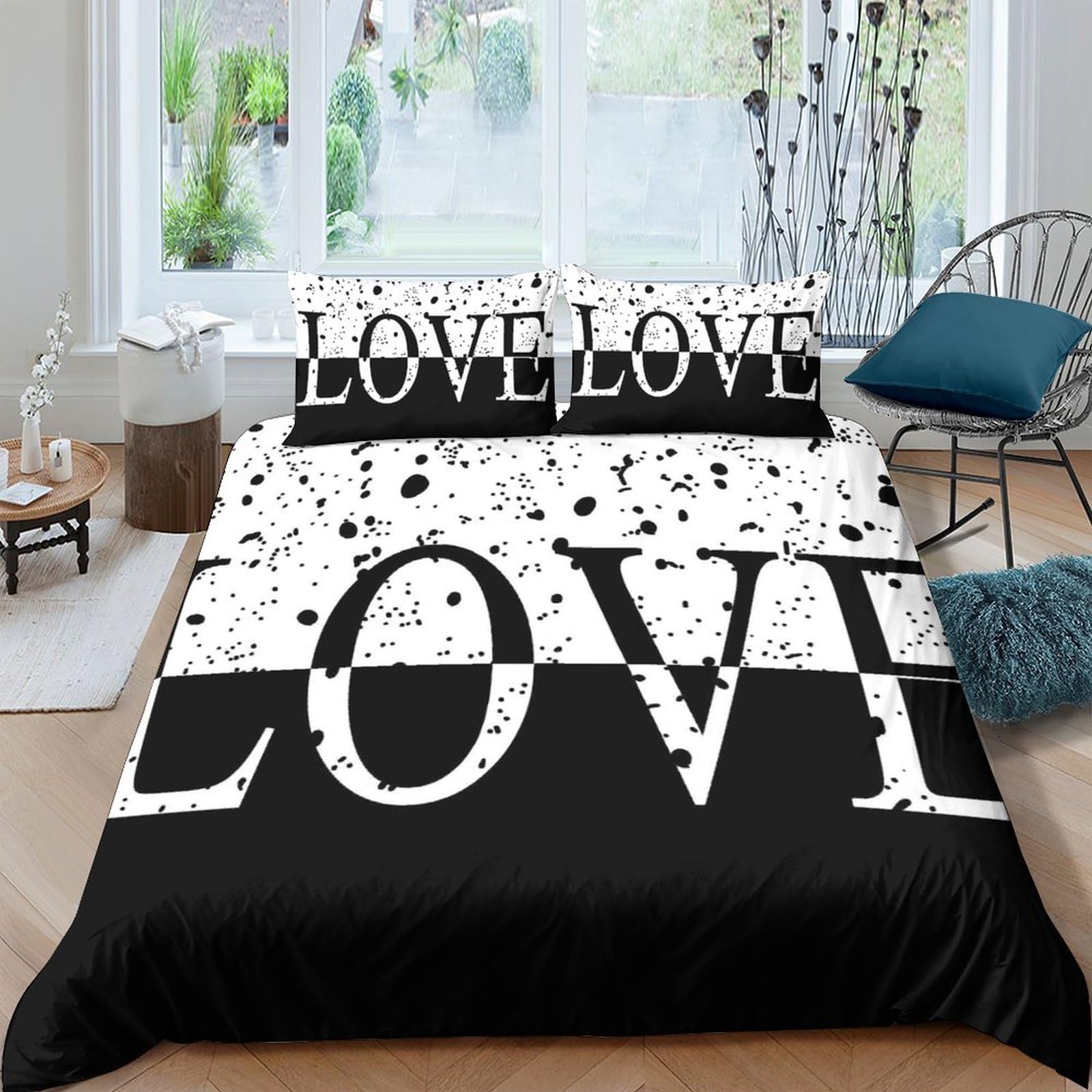 GPLZQXKJNH 3D Printed Black White LOVE Duvet Cover Microfiber Soft Breathable Graffiti Letters Bedding Set with 2 Pillowcases for Bedroom Apartment Single（135x200cm）
