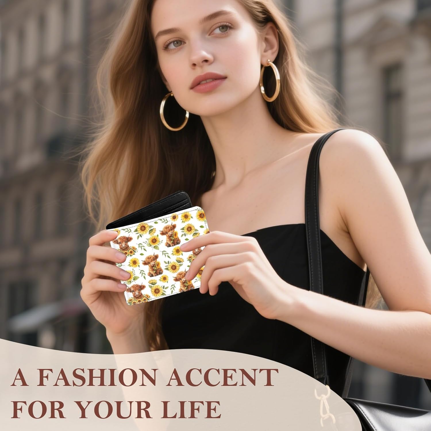 Yak Bifold Wallet for Men, Women, Sunflower PU Leather Small Slim Coin Pocket Wallet with ID Window, Gift for Female Ladies, White - Image 4