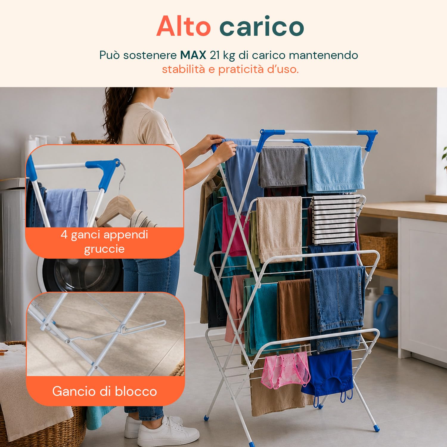 Avilia – Stendino Verticale Salvaspazio Richiudibile in Acciaio con Ganci per Stendere Capi Lunghi, Ideale per Interni ed Esterni, Facile da Chiudere e Riporre