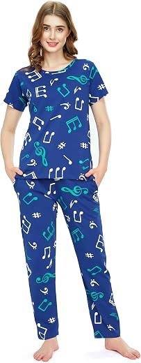 ZEYO Night Suit for Women's Musical Notes Printed Cotton Night Dress of Top and Pajama Set 5777