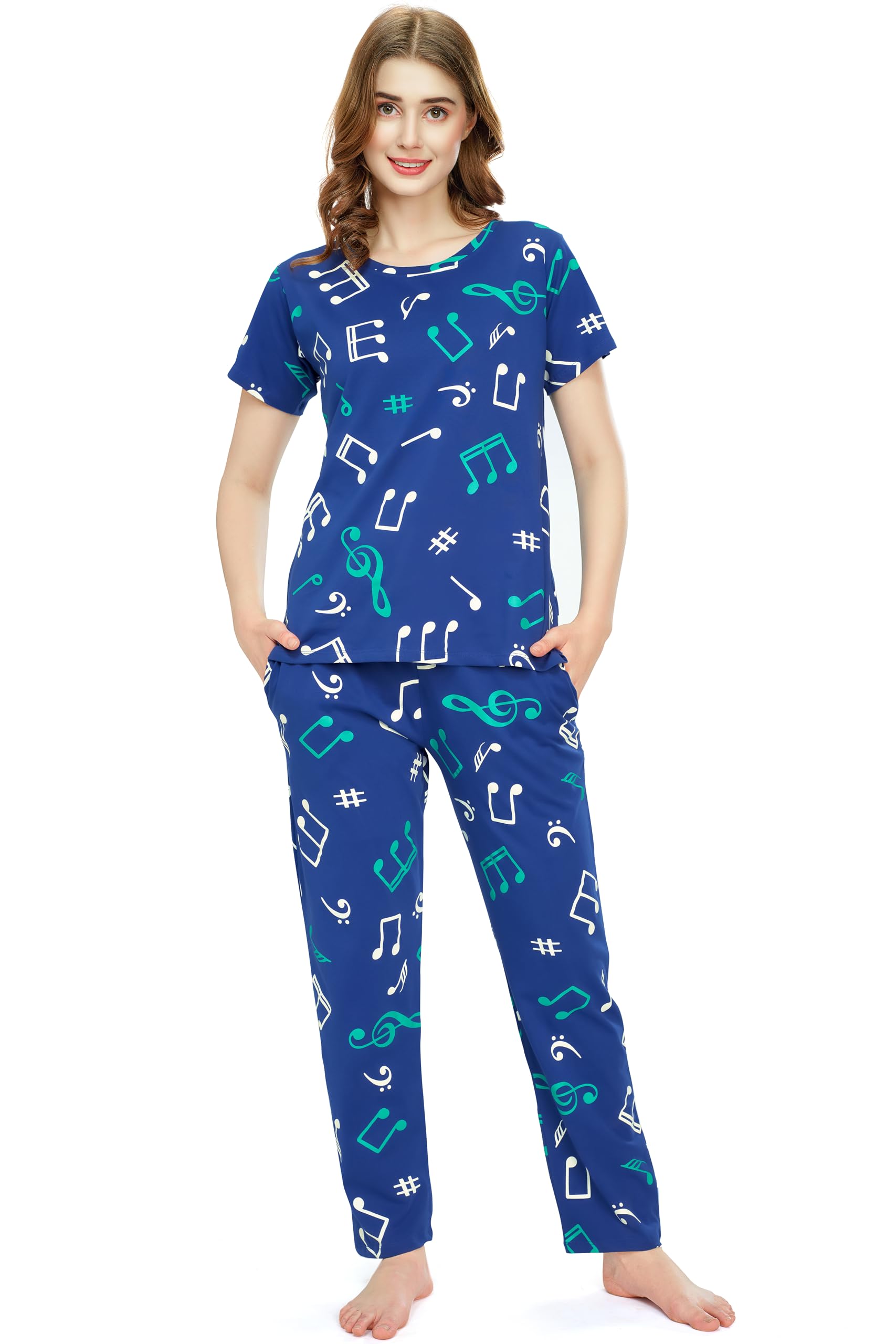 zeyo Night Suit for Women's Musical Notes Printed Cotton Night Dress of Top and Pajama Set 5777-picture-43