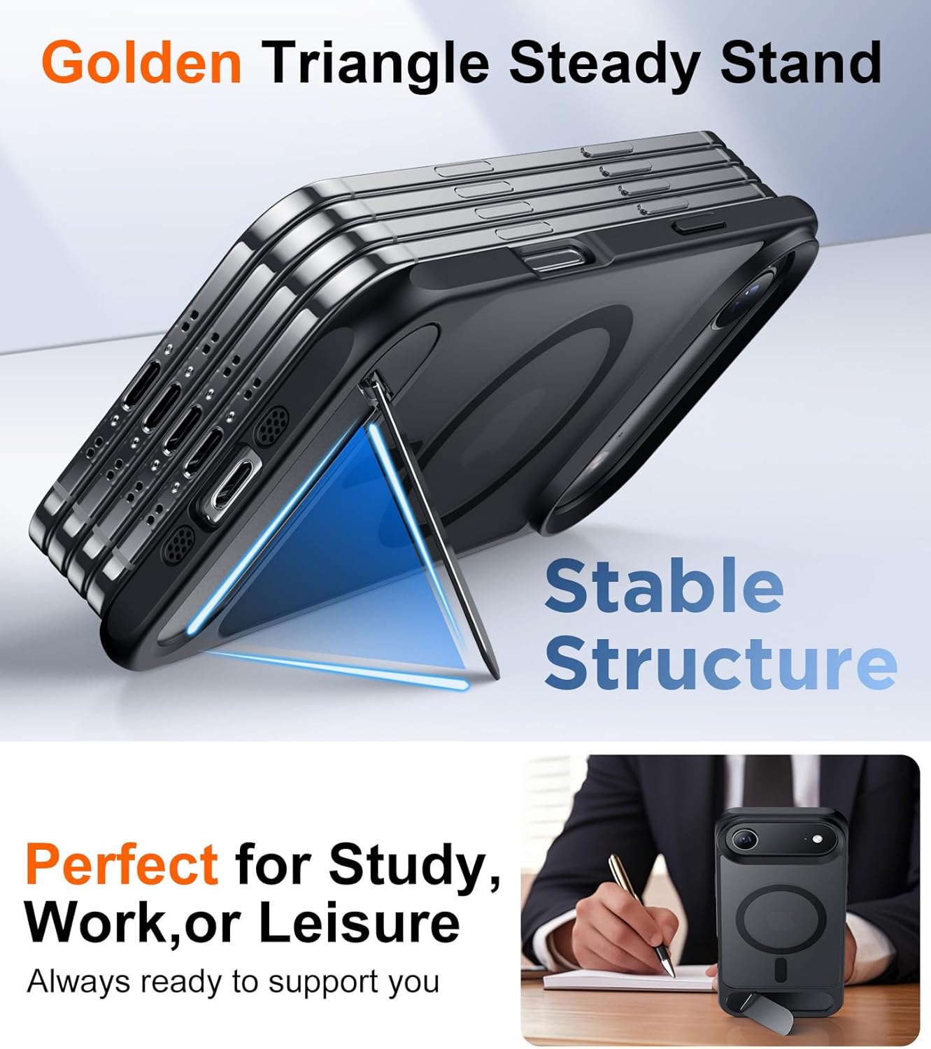 Temdan Designed for iPhone Air Case, [Built-in Invisible Kickstand][Compatible with MagSafe][Military Grade Shockproof] Slim Translucent Matte Phone Case for iPhone 17 Air 6.5 inch (Black) - Image 4