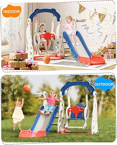 Miniatura 2 de Glaf Juego de tobogán y columpio para niños pequeños 4 en 1, juego para exteriores para niños pequeños de 1 a 3 años, tobogán para bebés con aro de