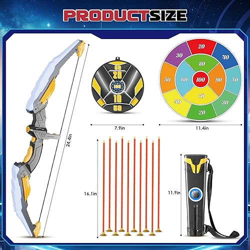Miniatura 7 de Juego de arco y flecha para niños con luz LED, juego de tiro con arco con 10 flechas de ventosa, 2 objetivos de tiro con arco para interiores y