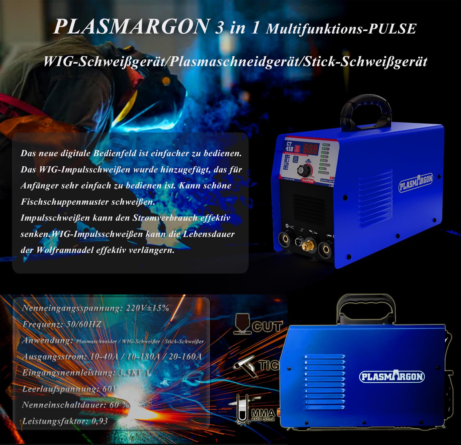 3 in 1 Combo Pilot Arc Plasmaschneider WIG Schweißgerät MMA Wechselrichter Kombischweißgerät Plasmaschneider TIG MMA | IGBT | Digitale LCD Anzeige | HF-Zündung CT418P