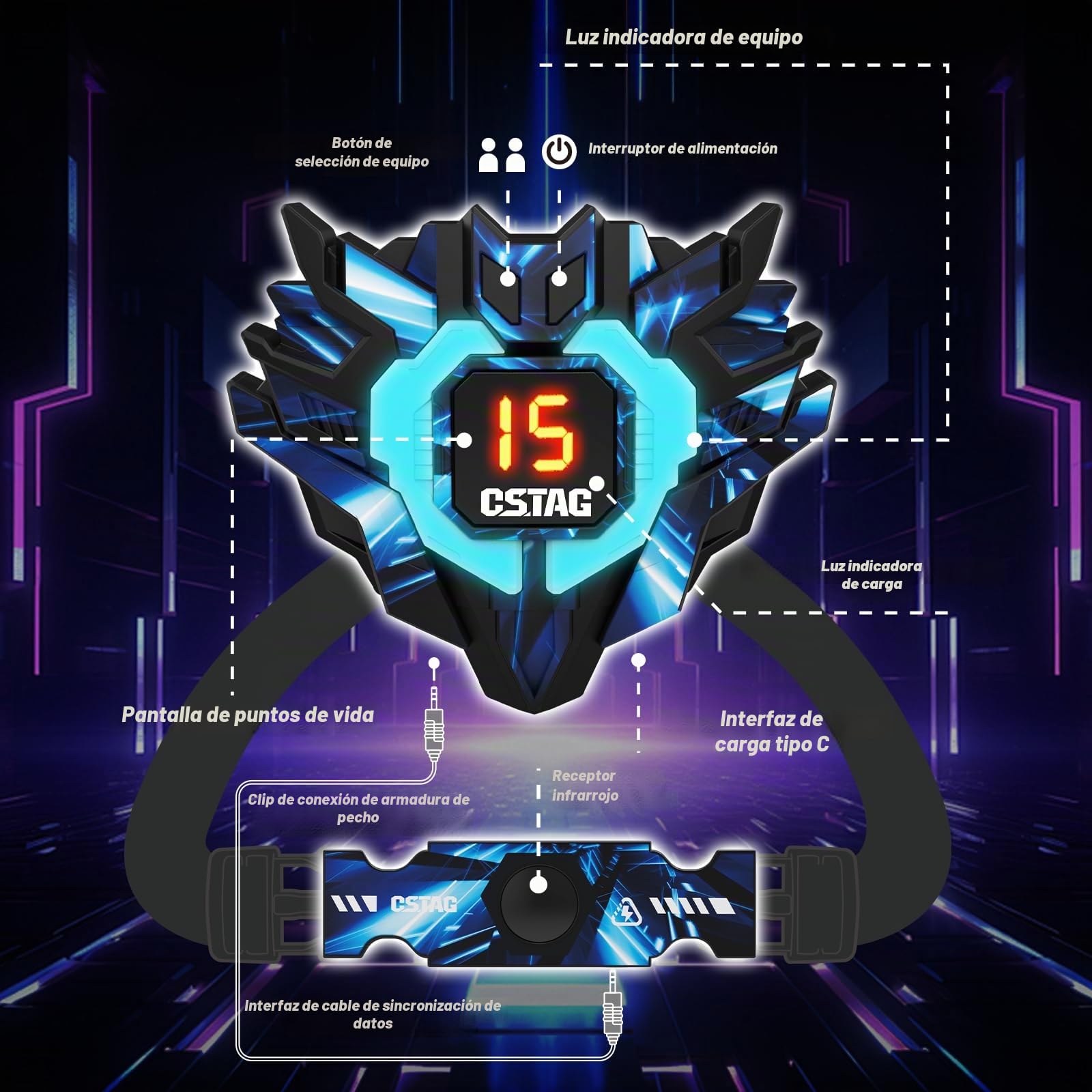VATOS Juego de Laser Tag recargable con sensores de 360° para 4 jugadores, 2,4 GHz de infrarrojos con visualización de datos en tiempo real, juego familiar y grupal para niños y adolescentes, regalos
