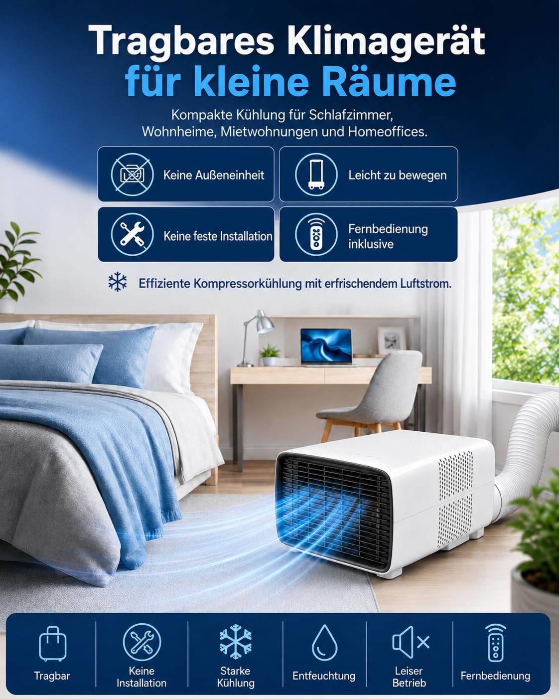Tragbare Klimaanlage, 2700 BTU, 3-in-1, für Haus und Wohnwagen | Kühlen, Entfeuchten und Lüften von Haus und Wohnwagen; Nachtmodus, Fernbedienung, Timer und Abgasrohr