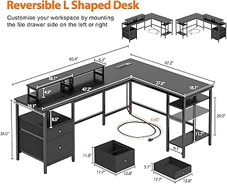 Furologee 66” L Shaped Desk with Power Outlet, Reversible Computer Gaming Desk with File Drawer & 2 Monitor Stands for Home Office with Storage Shelves, Black