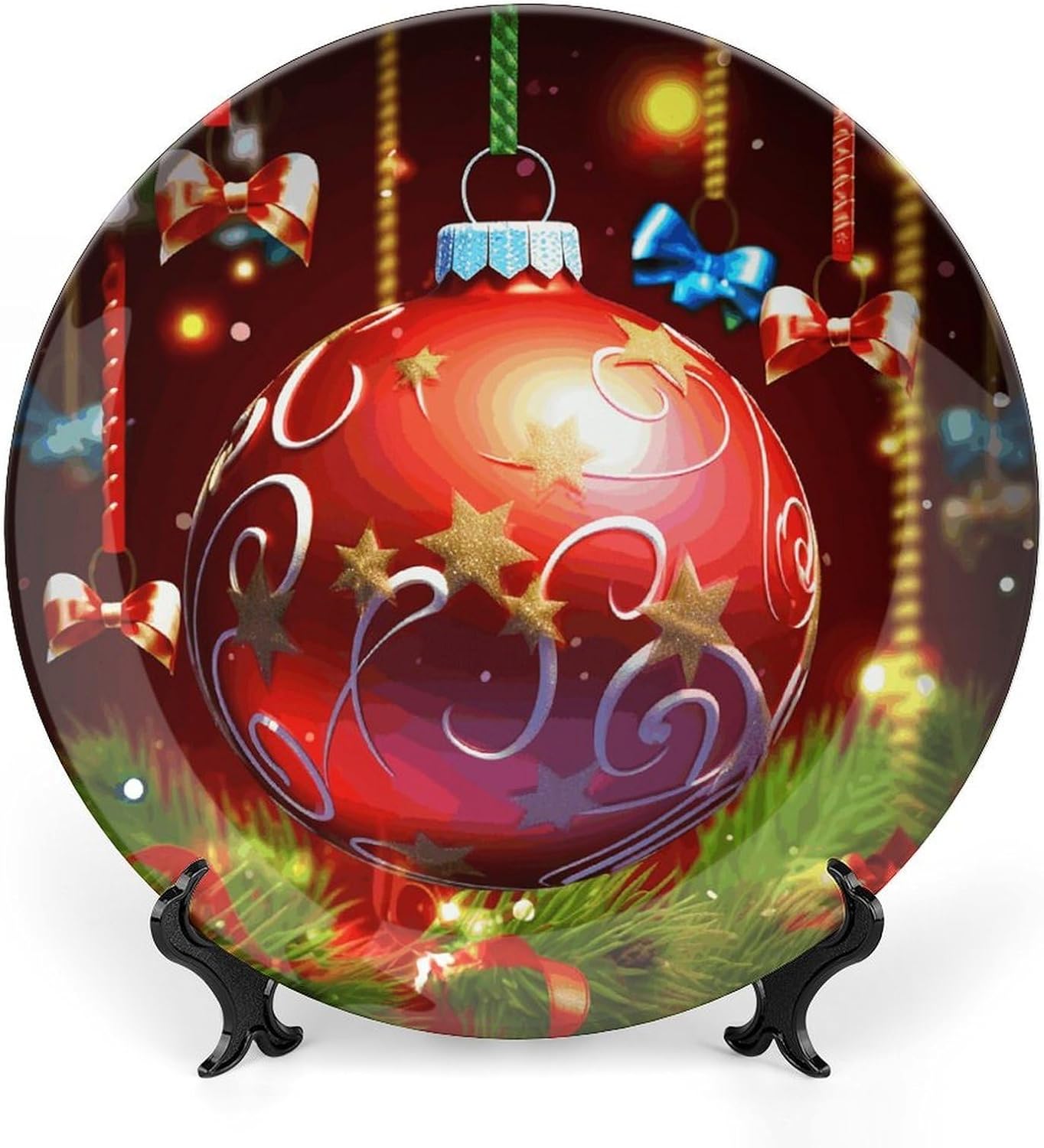 Xmas Ball Bone China Decorative Plate with Display Stand, Ceramic Ornaments Plate for Wall Hanging, Personalized Porcelain Plates for Office, Living Room 8inch