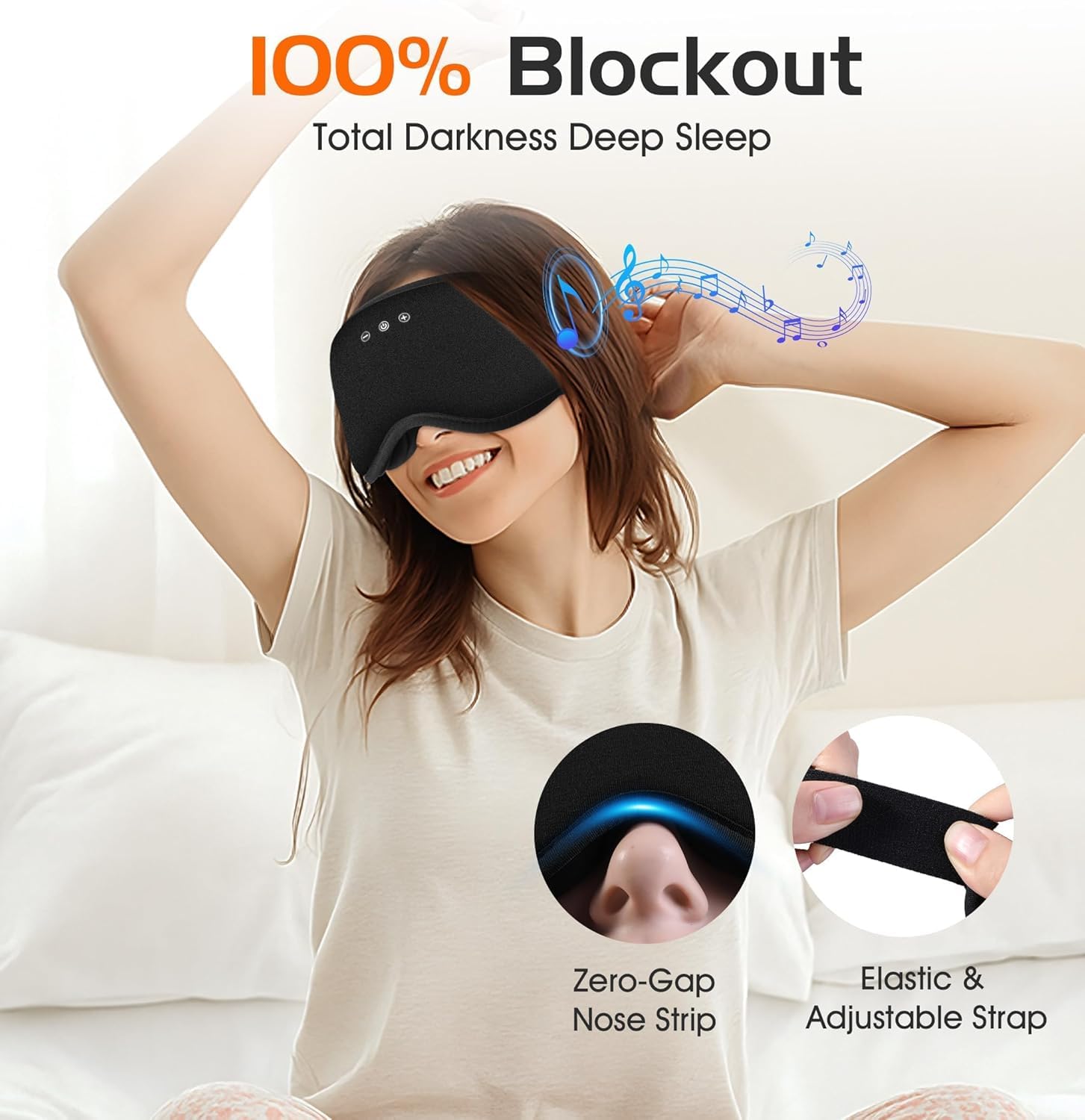 Mascherina per dormire Bluetooth con coppe 3D rimovibili, cuffie wireless in cotone di bambù, mascherina oscurante per gli occhi con timer, per chi dorme sul fianco, per viaggi e meditazione