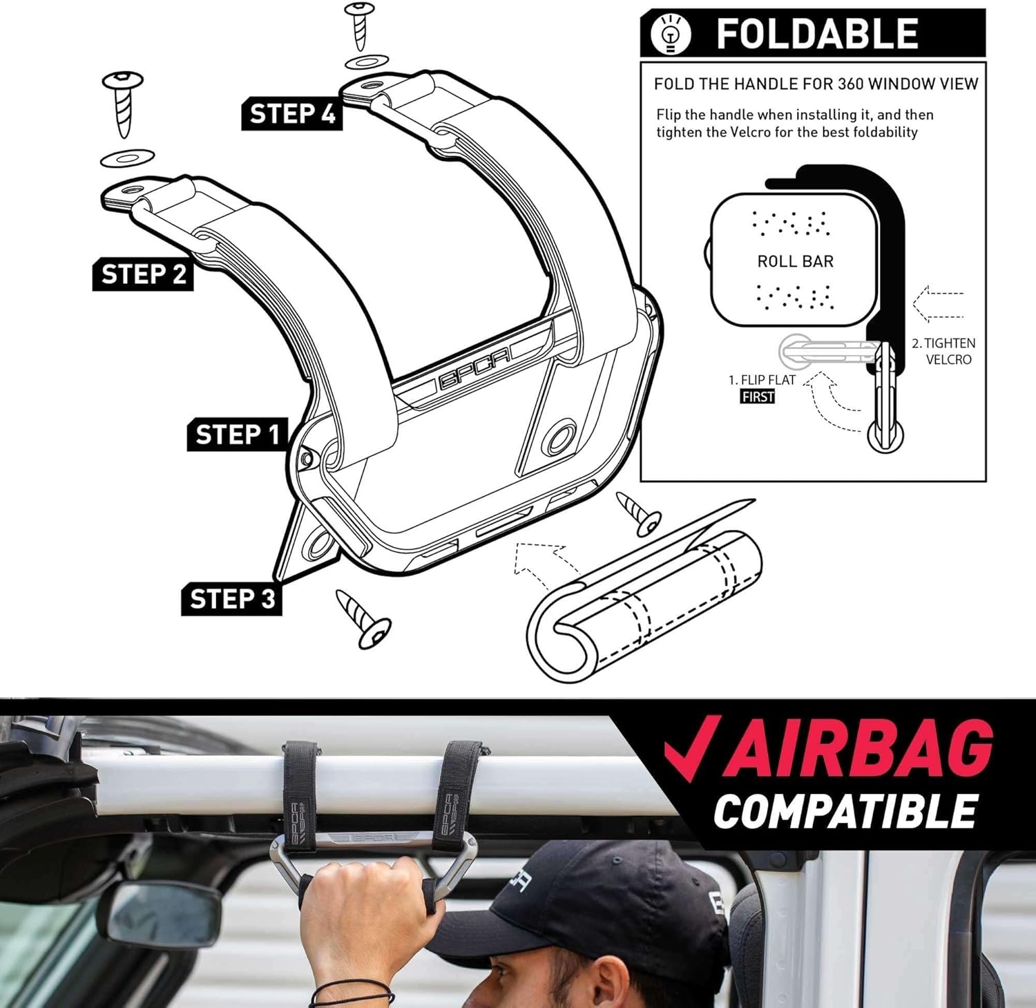 GPCA GP Grip Air Grab Handles Designed for 2024, 2025, 2026 Jeep Wrangler JL, JT & Jeep Gladiator 4xe w/Airbag Compatible - Aero-Grade Aluminum, Patented Foldable Design, Easy Installation