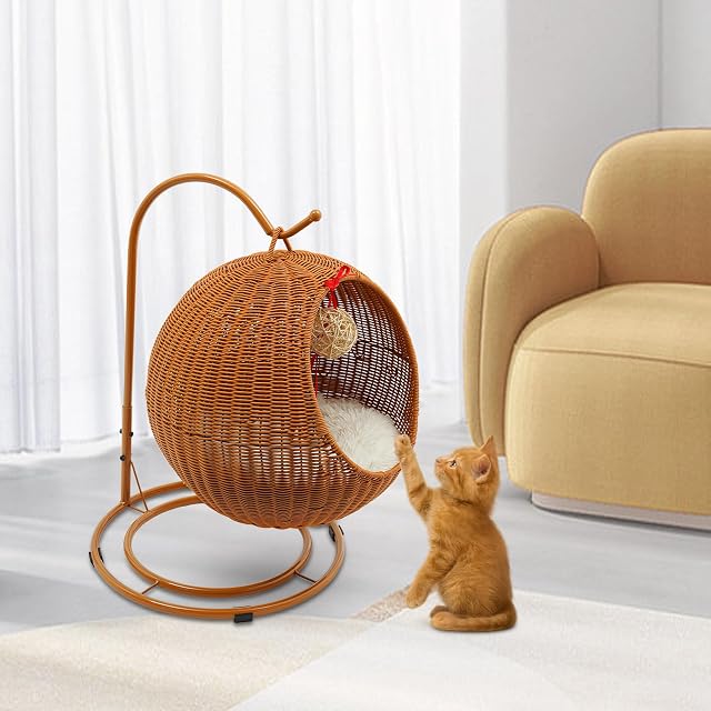 Foto 4 de 8 de Columpio para gatos con árbol rascador y cojín de refrigeración, cesta colgante de ratán sintético