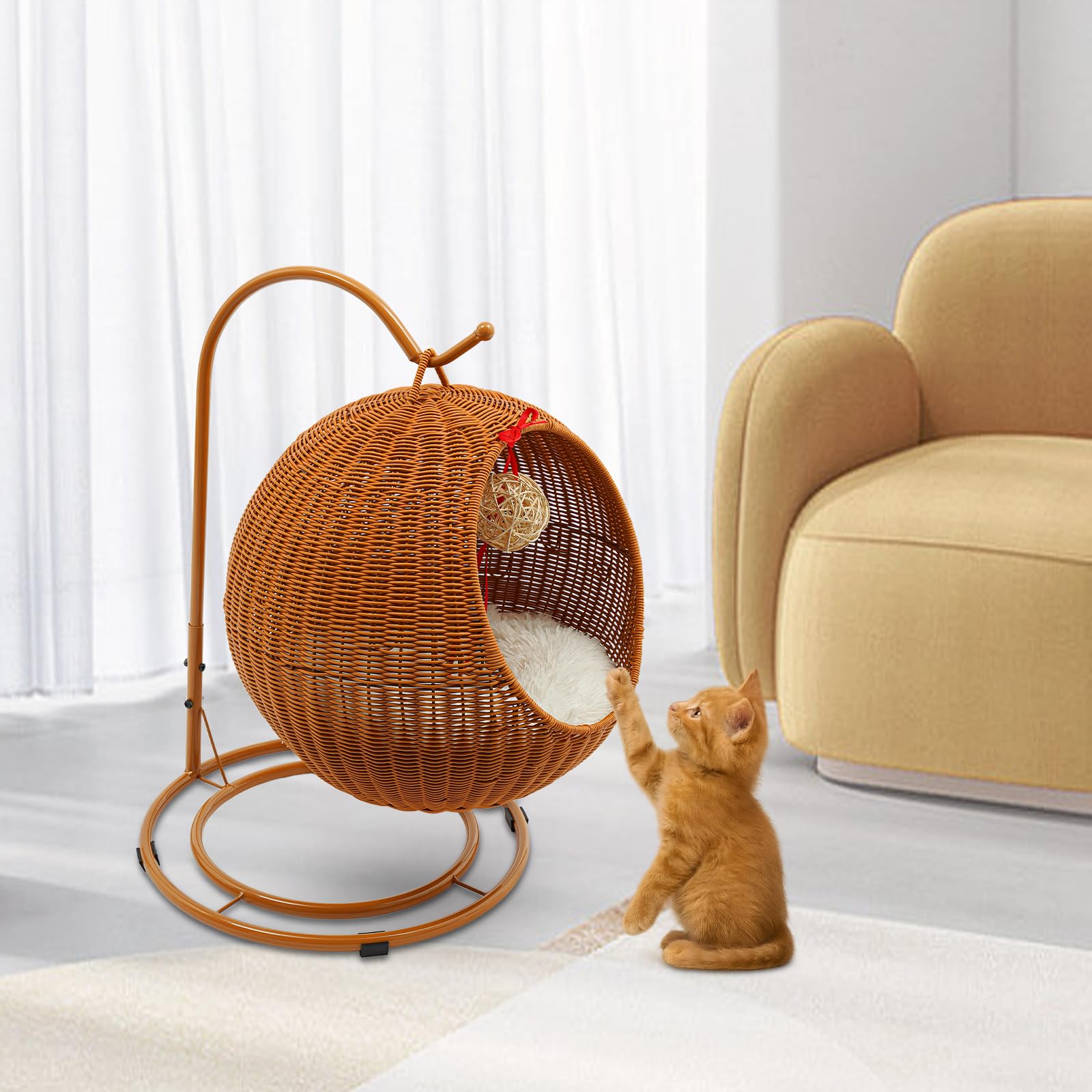 Poltrona sospesa rotonda per gatti, amaca, per gatti, con tappetino Cool-Down, altezza 66 cm, portata 7,5 kg, lavabile e rimovibile, base a doppio disco (giallo)