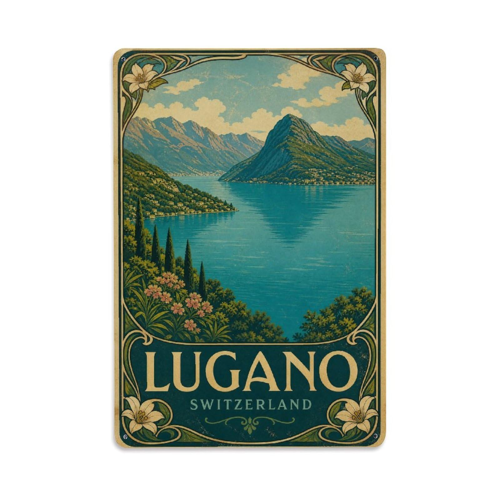 Vintage Travel Switzerland Lugano Metal Tin Sign Plaque Wall Decor for Cafe, Club Bar, Office, Garden Metal Poster 8x12Inch