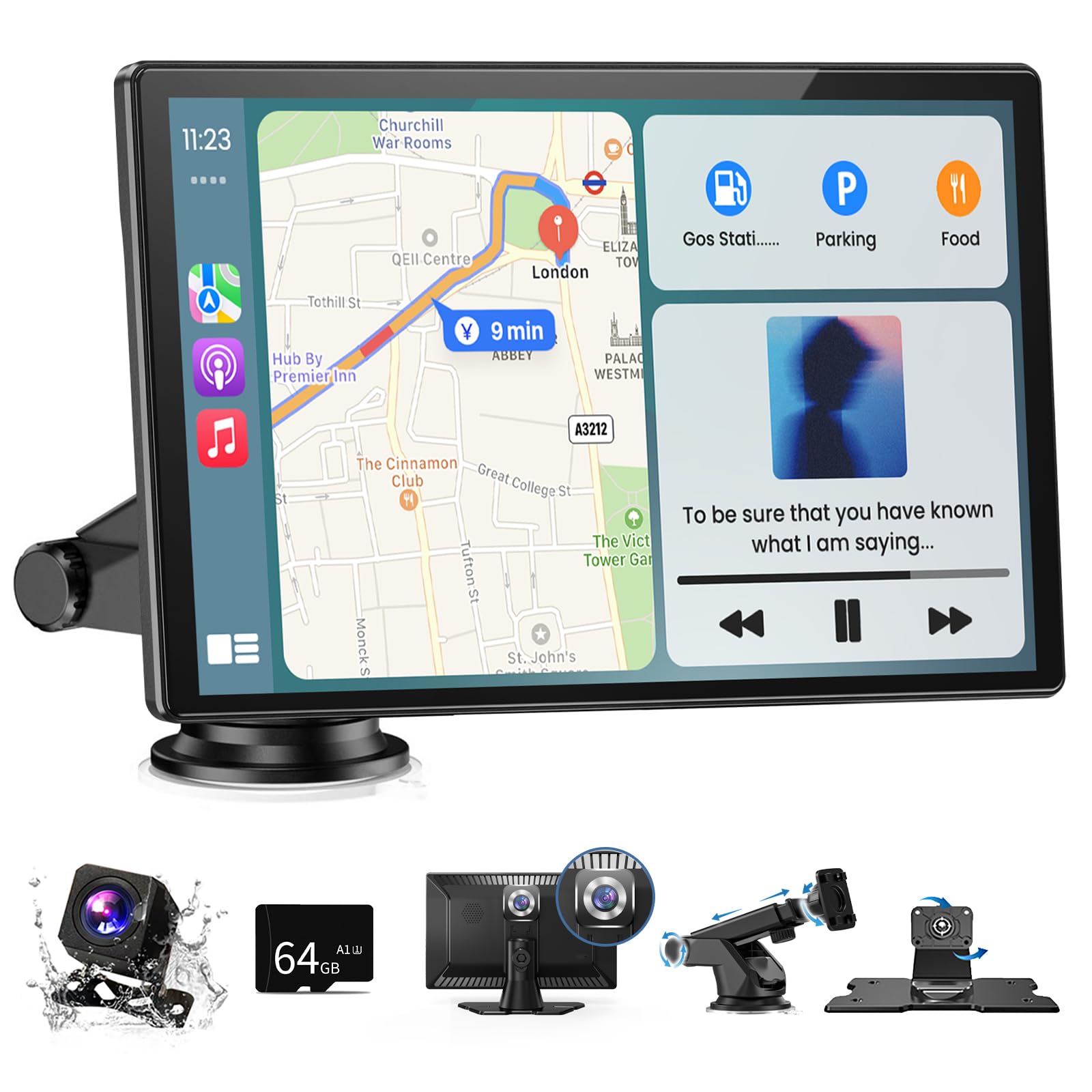 Carplay Screen for Car, 9" Wireless A-pple CarPlay Screen for Car with 4K Dashcam & 1080P Backup Camera, Android Auto Car Stereo with Mirror Link, Voice Control, GPS, Bluetooth, AUX, FM