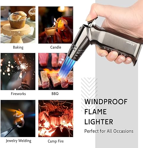 Miniatura 8 de Encendedor de antorcha, Quad 4 Jet Flame a prueba de viento, encendedor de butano con bloqueo de seguridad, encendedor recargable ajustable para