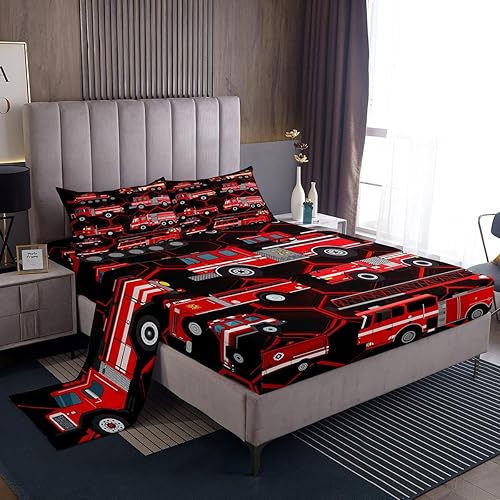 Miniatura 2 de Erosebridal Sábanas para cama de camión de bomberos para niños, equipamiento rojo, vehículos, juegos de sábanas de tamaño matrimonial, sábanas de