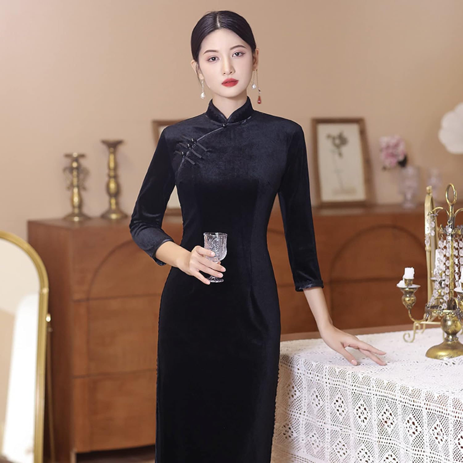CBROOT Women's Chinese Cheongsam Dress - Autumn Winter Velvet Long Sleeve Slim Cheongsam Fashion Long Retro Style Dre