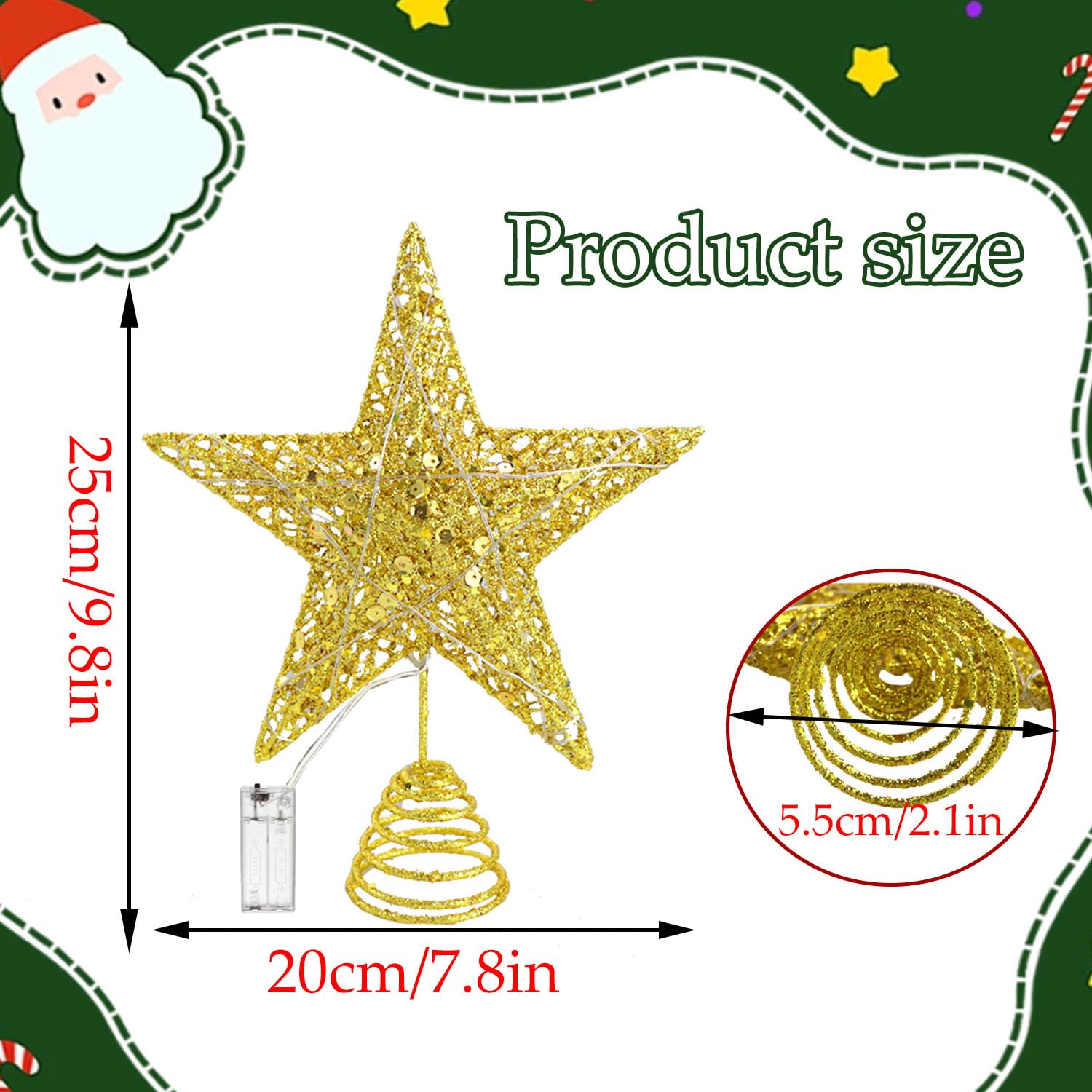 Estrella Arbol de Navidad Led,20 * 25 * 5.5cm Estrella Arbol de Navidad con Luz,Alimentada por Pilas Base Espiral,para Interiores y Decoracion Festival Hogar,Fiesta,Salón,Jardín