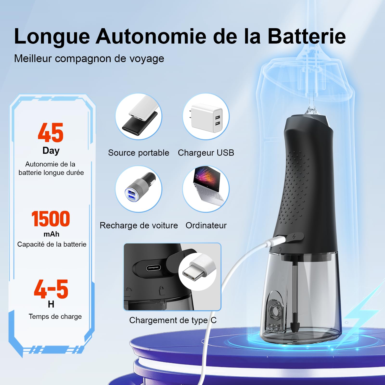 Hydropulseur Jet Dentaire, 320ML Réservoir Amovible, Étanche IPX7 Irrigateur Oral, 4 Modes de Nettoyage, 5 Buses Portable Water Flosser, Irrigateur Dentaire pour la Maison et Les Voyages, Noir
