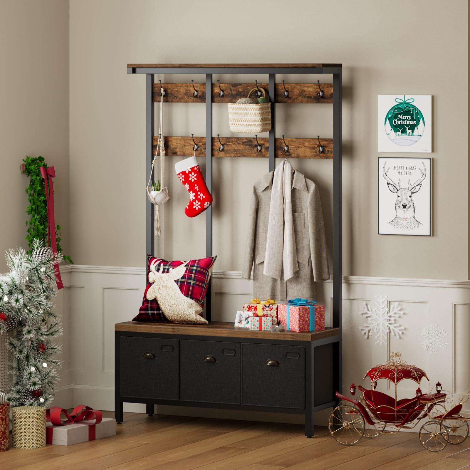 HOOBRO Perchero para Vestíbulo, Perchero de 12 Ganchos y 3 Cajones Organizadores, Banco Zapatero, Organizador de Entrada, para Sala de Estar, Dormitorio, Estable, Diseño Industrial EBF33MT01