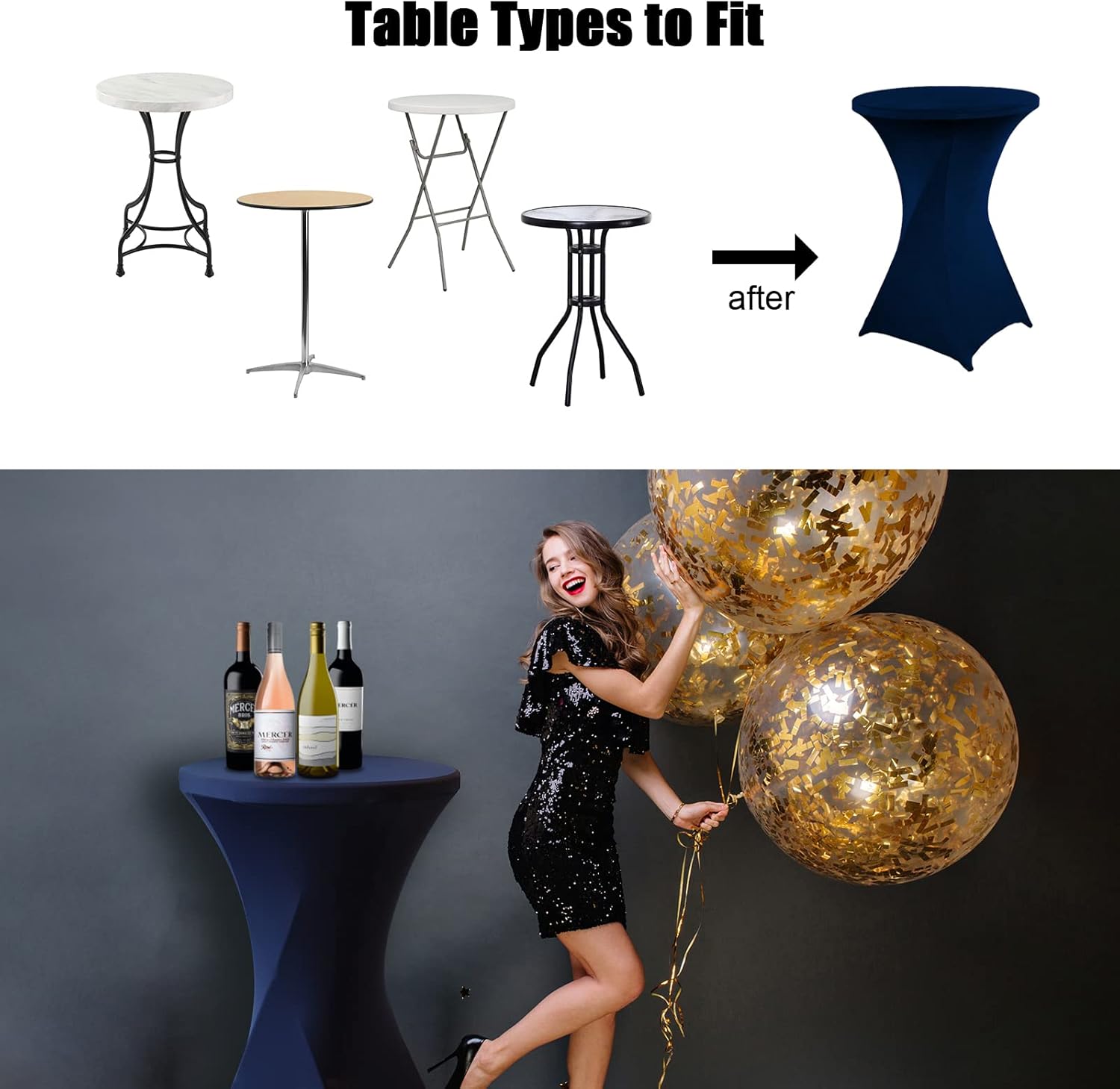 SUNTQ Cocktail Tablecloth 32x43 Inches 2 Pack, Colorful Spandex Stretch Table Cover for Highboy Cocktail Tables, Fitted Square Corners Tablecloths for Wedding, Banquet and Party, Navy Blue