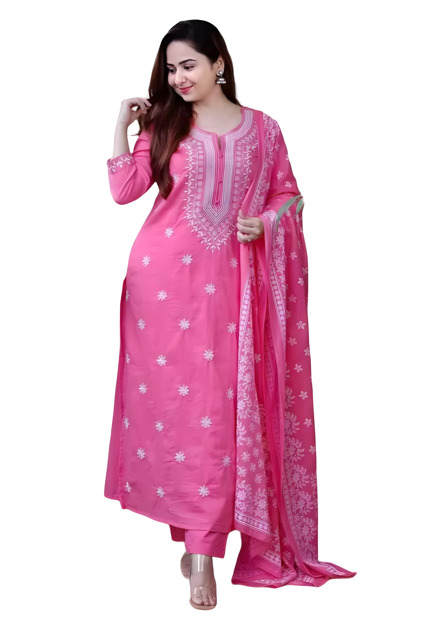 bharvita Women's Cotton Embroidered Chikankari Work Straight Kurta Dupatta Pant Set-picture-19