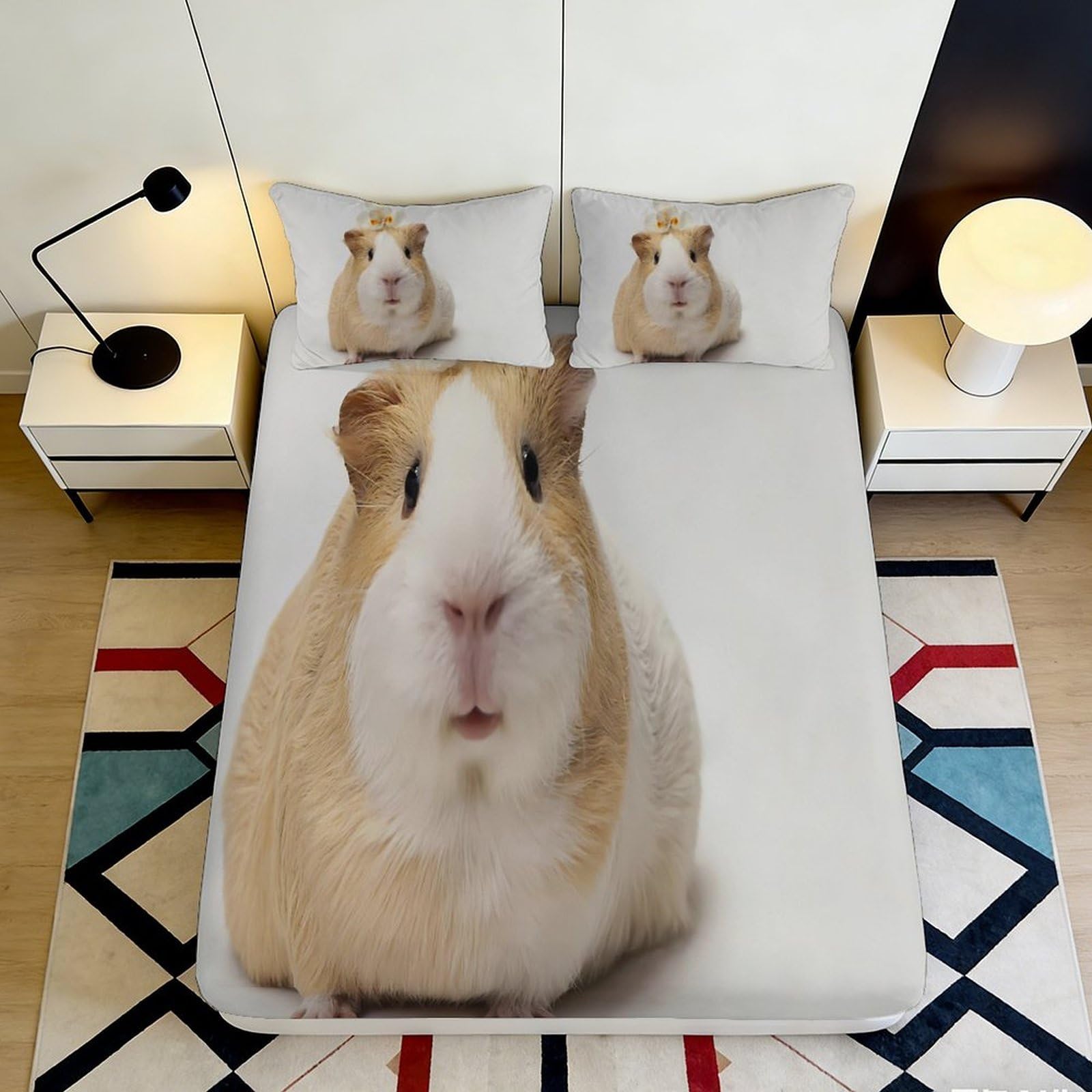 3D Printed Guinea Pig Fitted Sheet Microfiber Soft Non-Slip Animal Pattern Bed Cover for Bedroom Dorm Easy Care 160x200x25cm