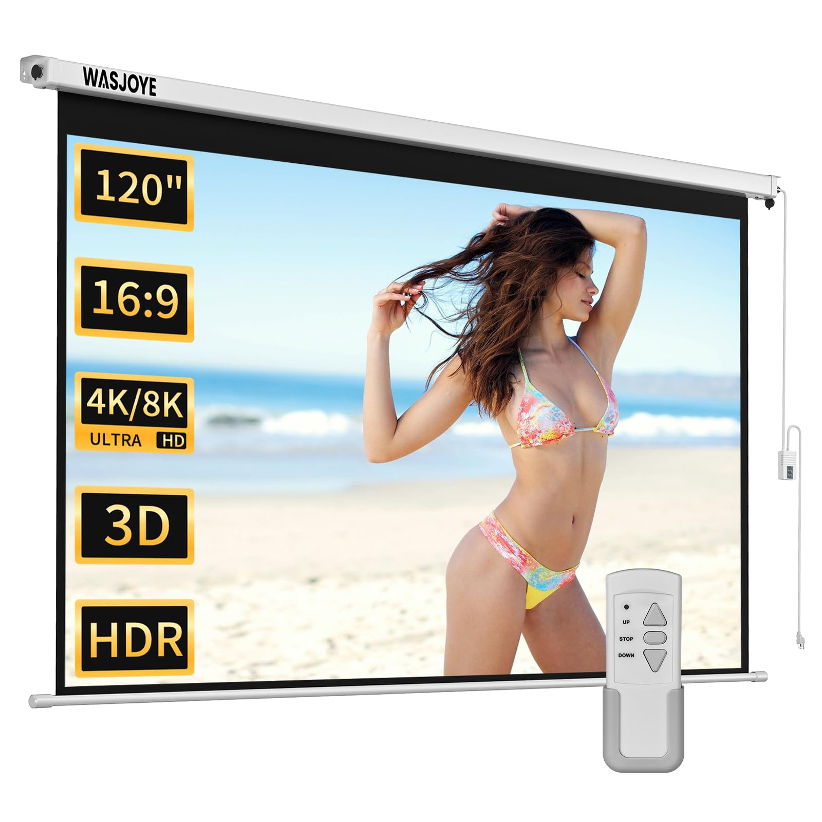 wasjoye motorised projector screen 120" - 16:9 electric projector screen wall/ceiling mount with remote control - 8k hd projection screen dual side power supply for home theater office tv game