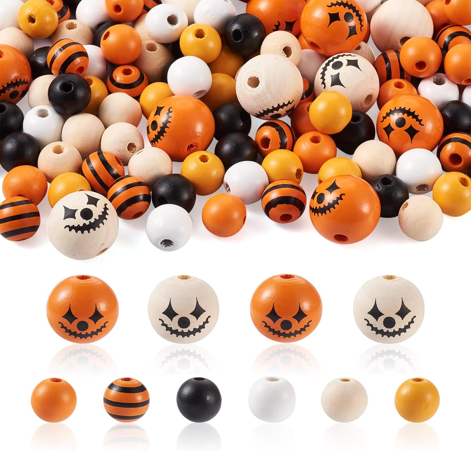Craftdady 140pcs Halloween Wood Beads Polished Round Stripe Natural Wooden Loose Beads Rustic Farmhouse Beads for DIY Macrame Jewelry Crafts Home Decor