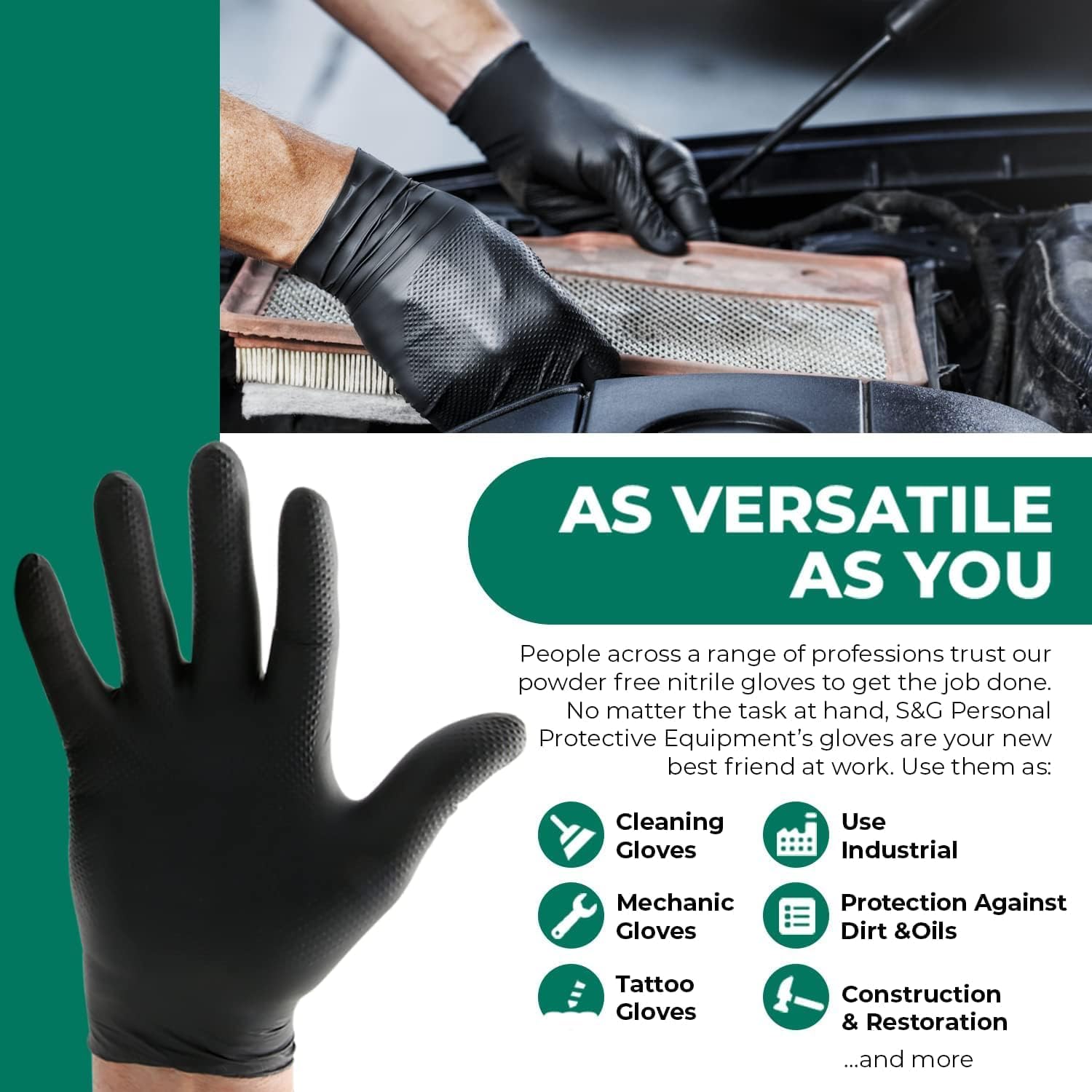 S&G Black Nitrile Gloves Heavy-Duty Latex & Powder Free for Cleaning & Food Prep | 6 Mil - 1000 | Medium, Large, XL, XXL