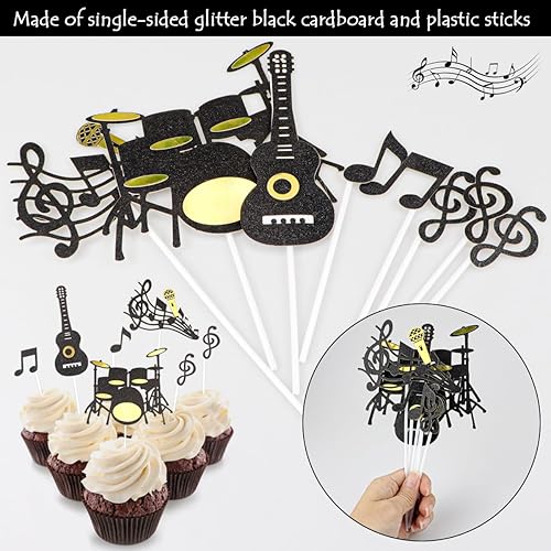 Miniatura 10 de DOERDO 9 piezas de decoración para cupcakes musicales de guitarra, estrella de rock, decoración de notas musicales para cumpleaños, boda, baby
