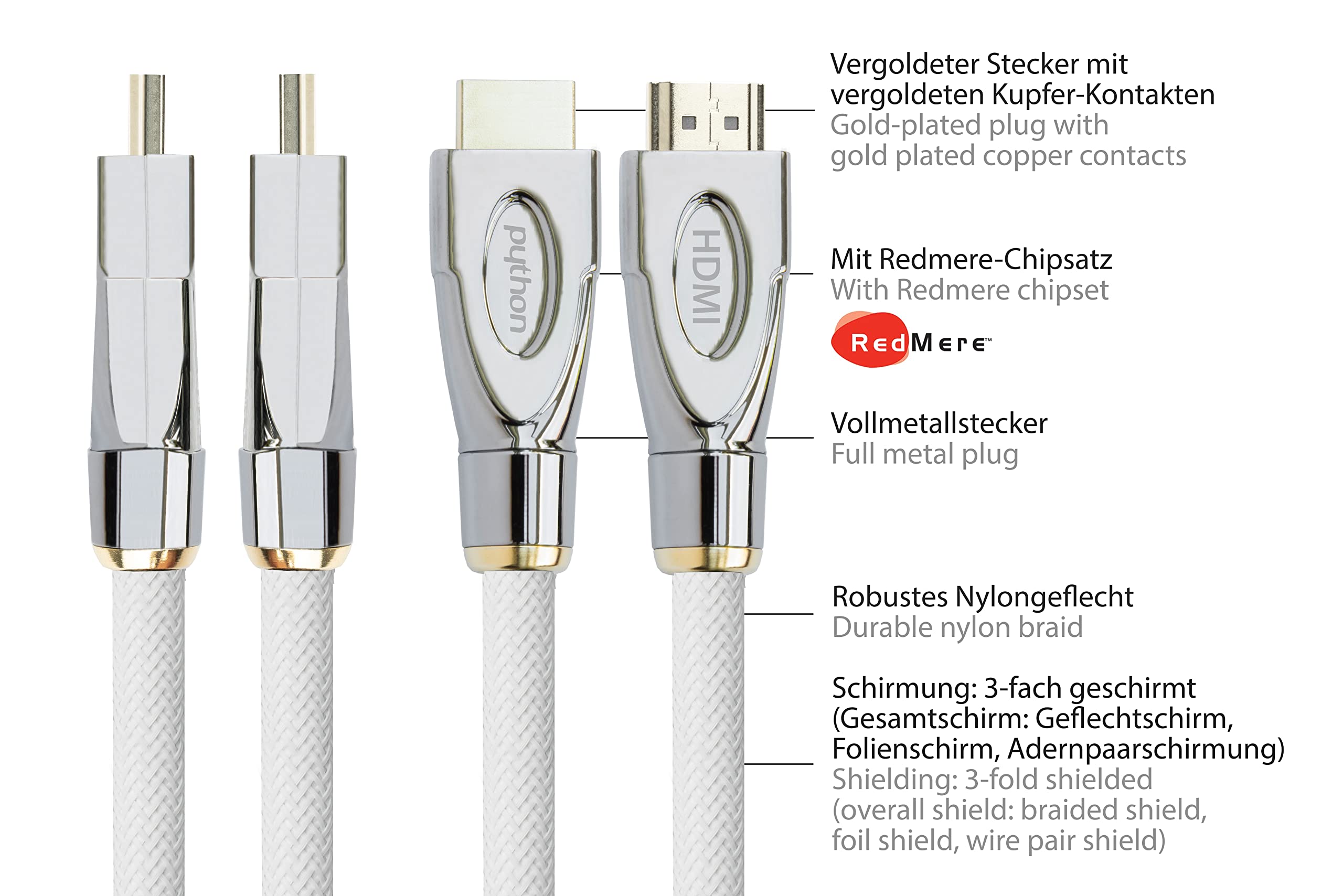 PYTHON Series PREMIUM AKTIVES High-Speed-HDMI Anschlusskabel mit Ethernet - REDMERE CHIPSATZ - 4K2K / UHD / Ultra HD @ 30 Hz - KUPFERLEITER, 3D, 3-fach geschirmt, Nylongeflecht - WEISS - 15 m