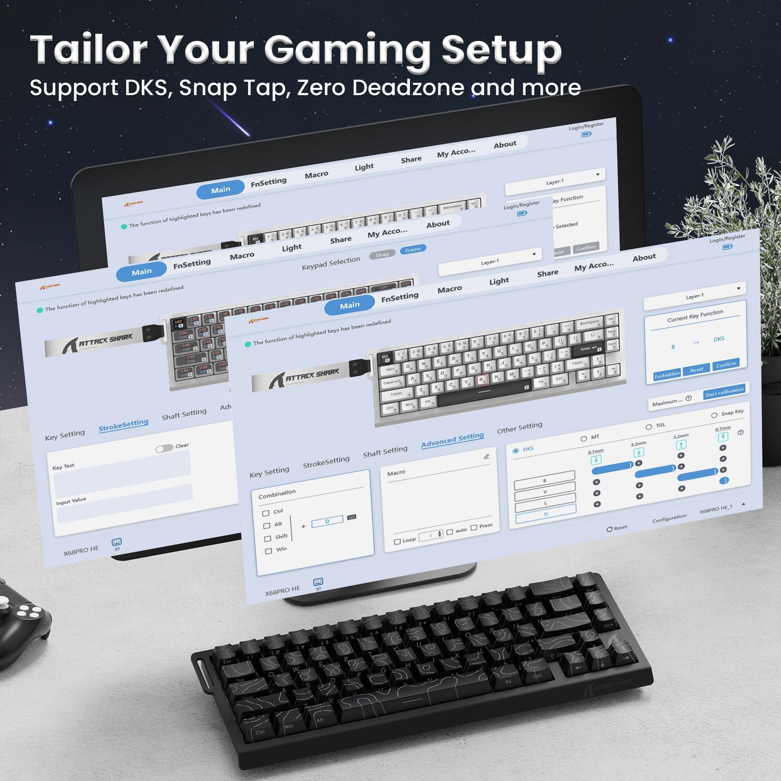 ATTACK SHARK X68PRO HE Clavier Gaming à Déclenchement Rapide sans Fil, Précision RT de 0,01 mm, Clavier Filaire à Effet Hall, 8000Hz, Actionnement Réglable, Snap Tap, RGB, C01 Câble – Noir