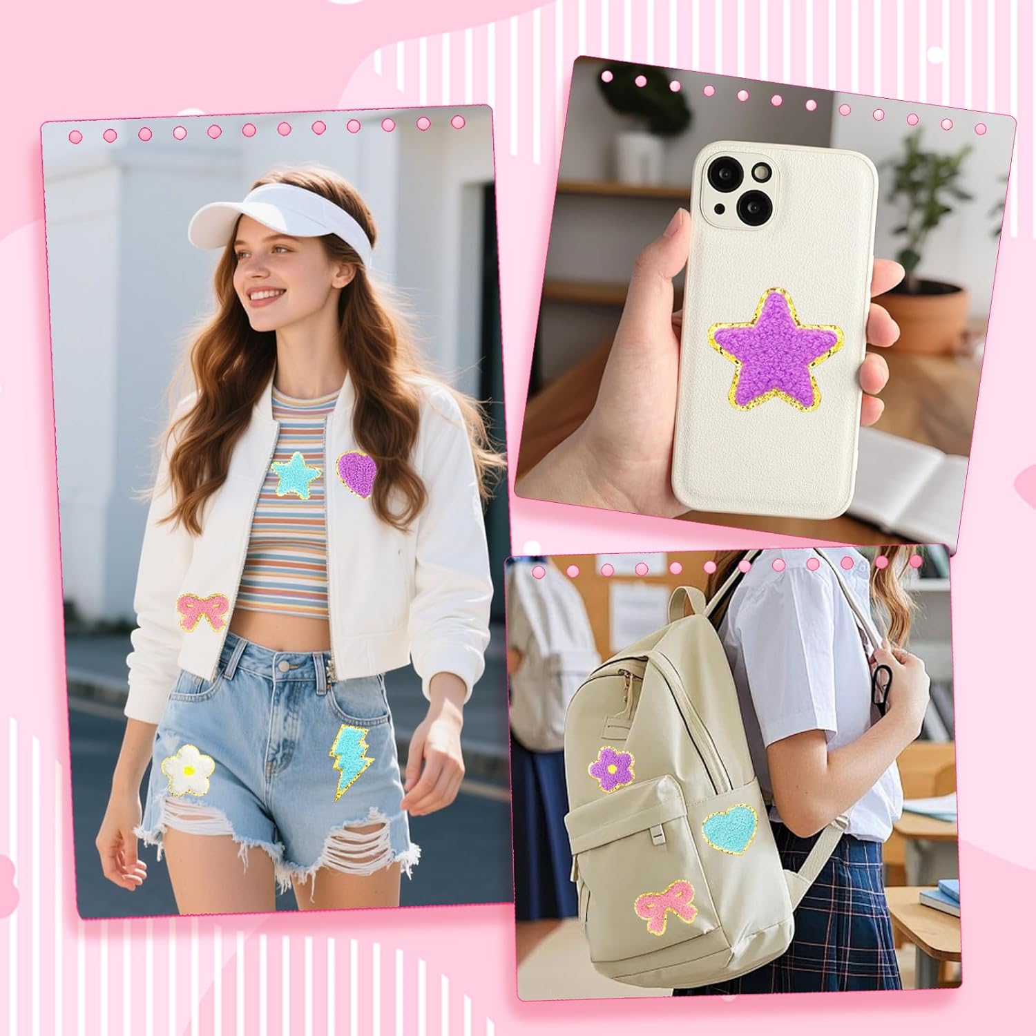 40 Pcs Self Adhesive Chenille Patches, Stick on Patches Cute Glitter Fabric Stickers Patches Applique for Backpacks Clothing Fabric Repair Decor (4 Colors+5 Styles)