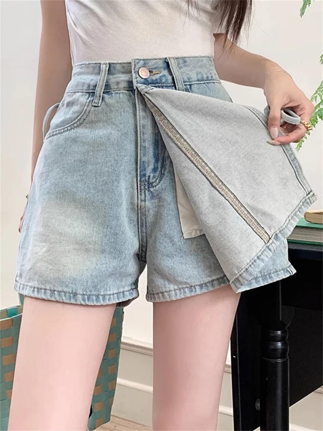 Gonna corta da donna in denim con lacci in tinta unita casual versatili gonne a vita svasata