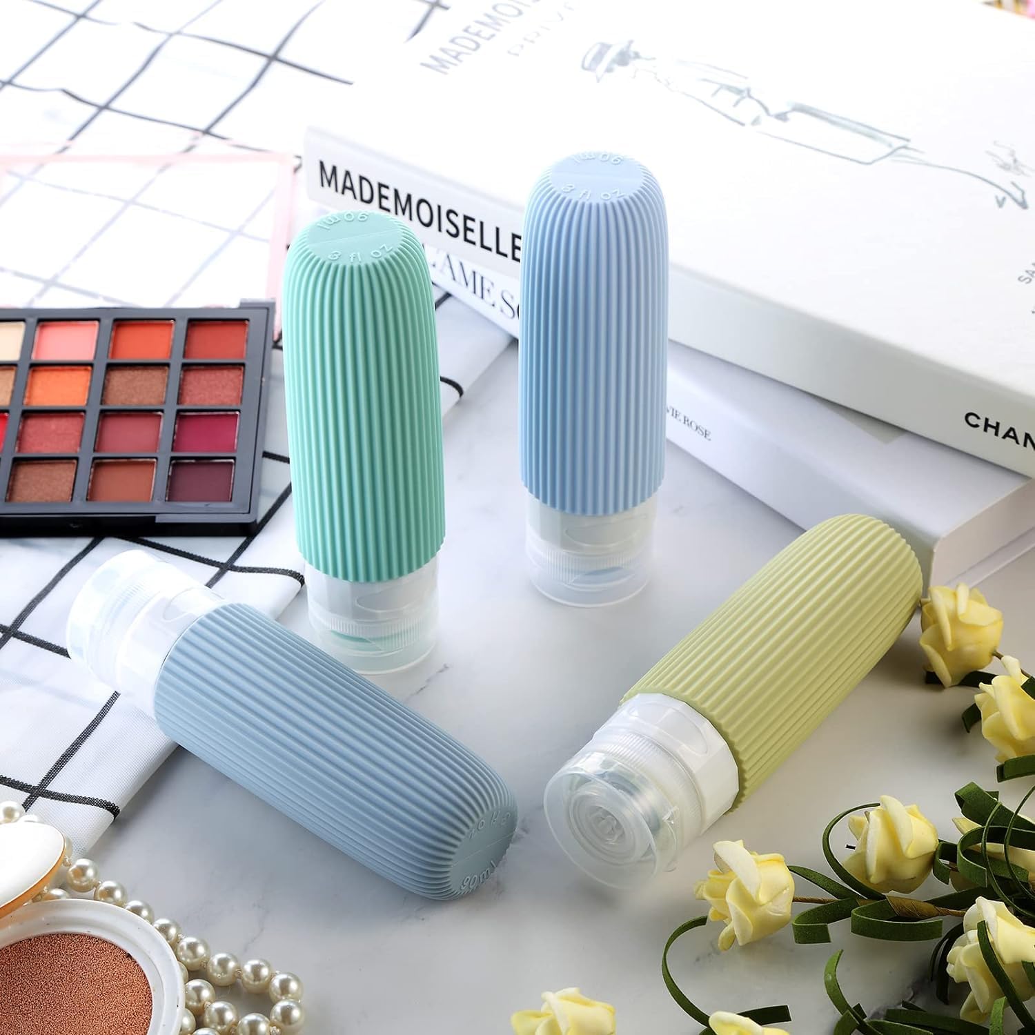 Kit de Frascos de Viagem para Cosméticos, 4 Peças, Design Canelado, Recipiente de tamanho de viagem de silicone squeezable à prova de vazamento, Cores Neutras (Verde)