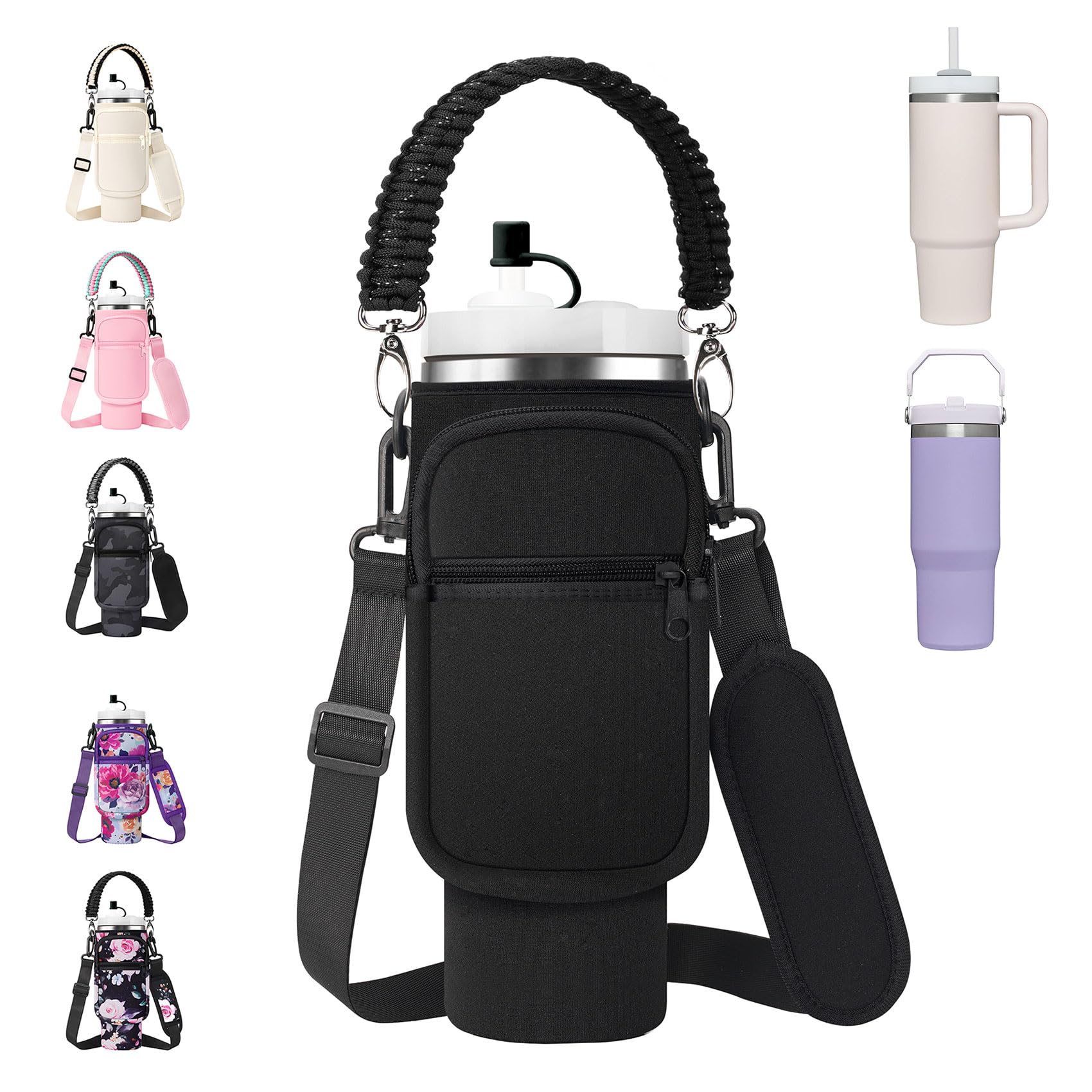 AceTreker Water Bottle Carrier Bag with Paracord Handle for Stanley 40/30 oz Tumbler Neoprene Insulated Mug Sleeve Pouch with 2 Pockets & Adjustable Strap & Straw Cover for Stanley Cup Accessories