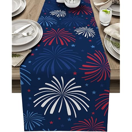 4th of July Fireworks Candles, Patriotic Americana Party Table Runner