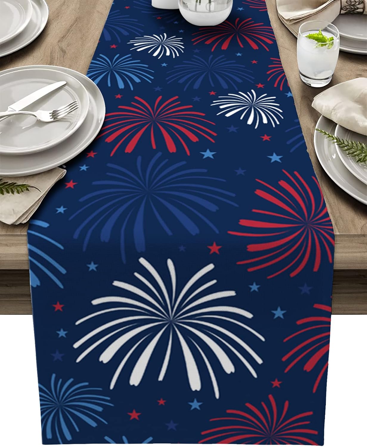 July 4th Table Runner Cotton Linen Fireworks Celebration