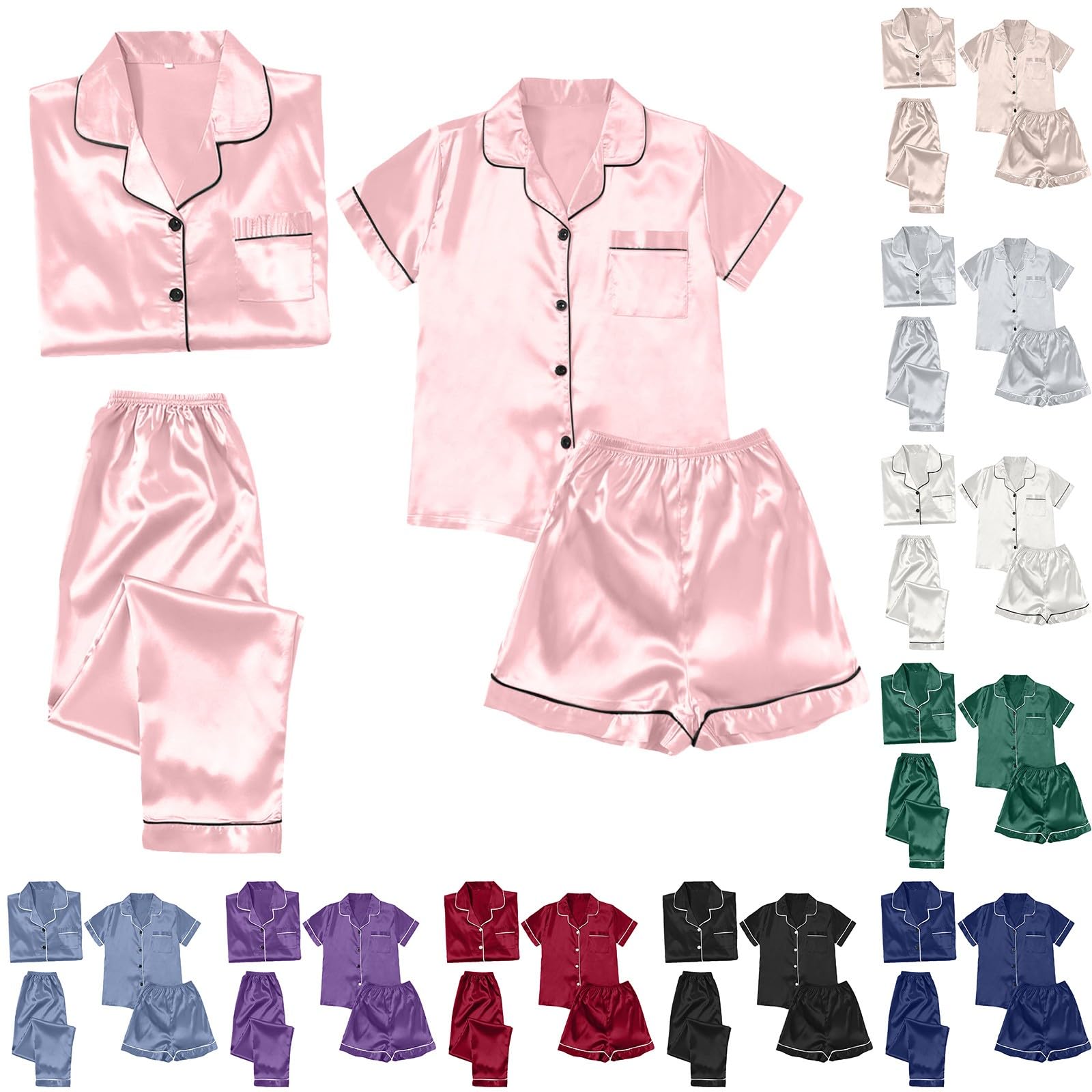 Generisch Pijama de 4 piezas para mujer, pijama de satén para mujer, pijama corto con botón para mujer, ropa de dormir de seda, conjunto de pijama largo de gran tamaño, conjunto de pijama de verano de