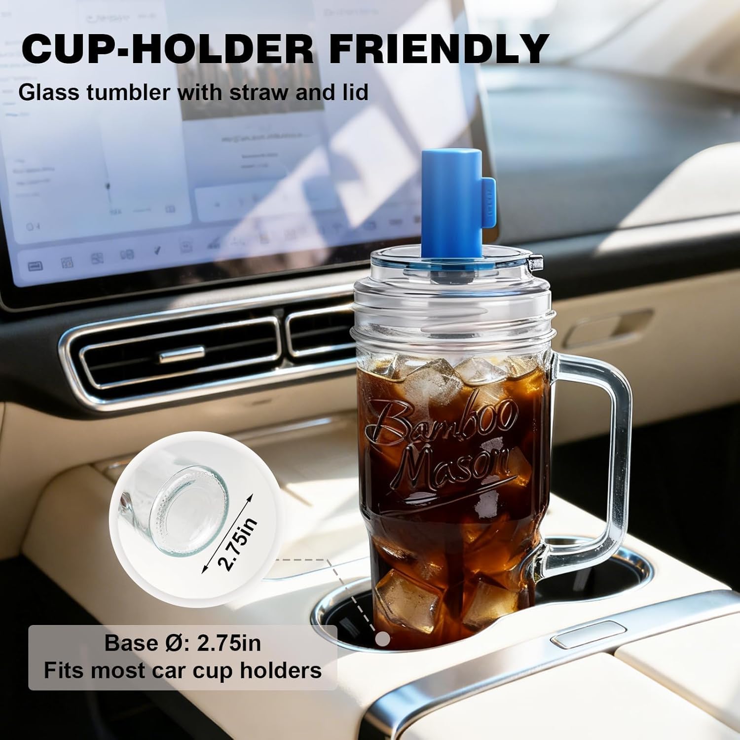 Bamboo Mason Leakproof Mason Jar Cups with Lids and Straws, 24oz Glass Tumbler with Handle, Leak-Proof Rotating Lid & Silicone Straw, Reusable Iced Coffee & Matcha Cup Set Coffee Gifts for Women -2pc - Image 5