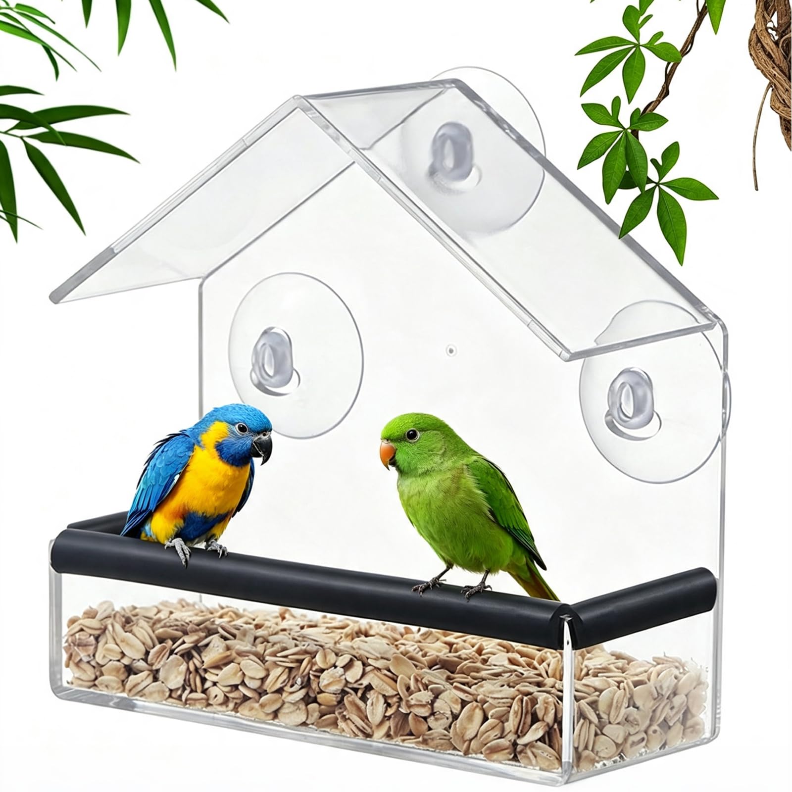 Clear Window Bird Feeder for Outside, Acrylic Bird Feeder with 3 Strong Suction Cups, Weatherproof See-Through Design for Close-Up Bird Watching, Easy to Fill & Clean