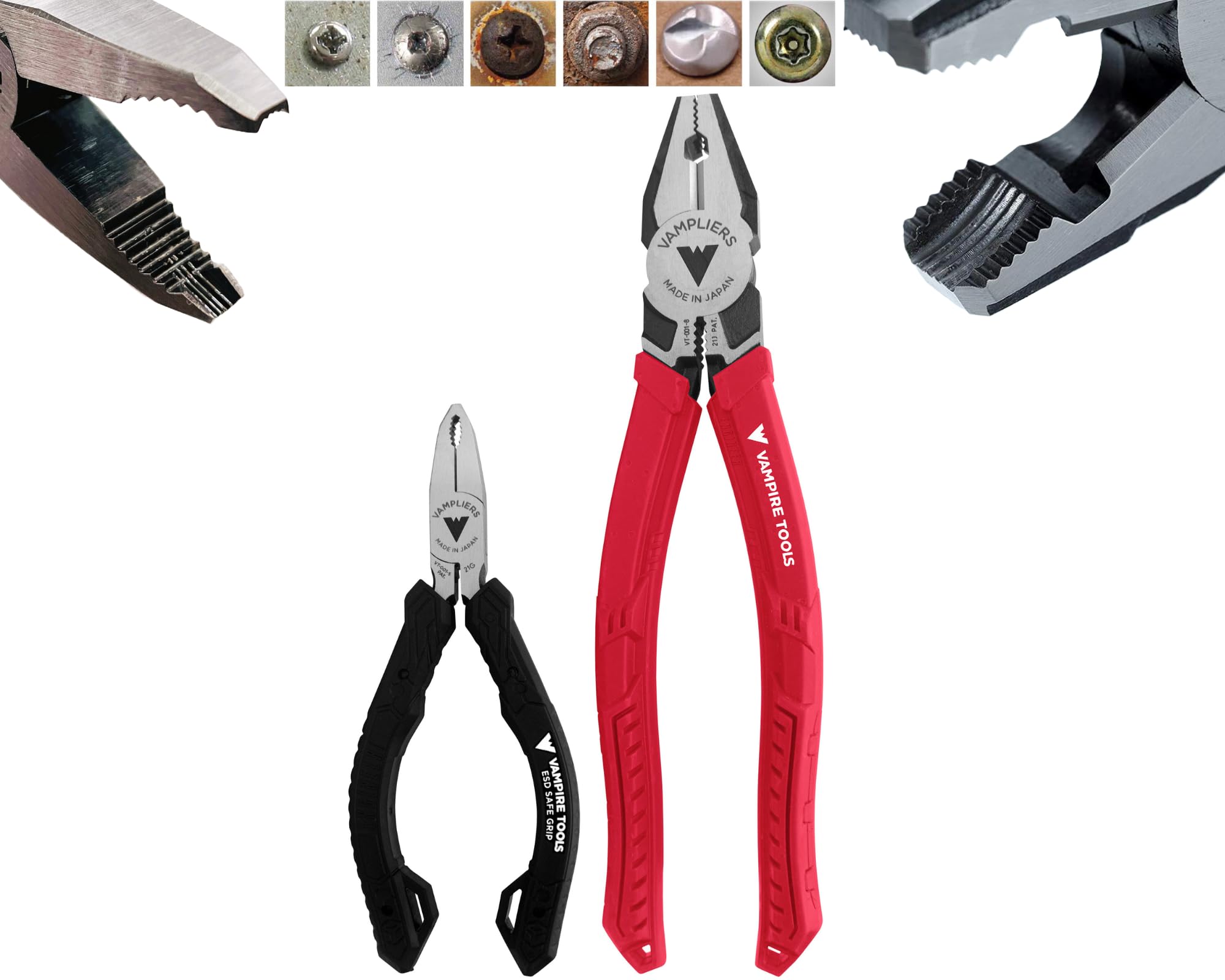 2-PC Screw Extractor Pliers Set Made in Japan: 8" Heavy Duty Linesman + 5" ESD Safe Mini Pliers. Stripped Screw Removal Tools