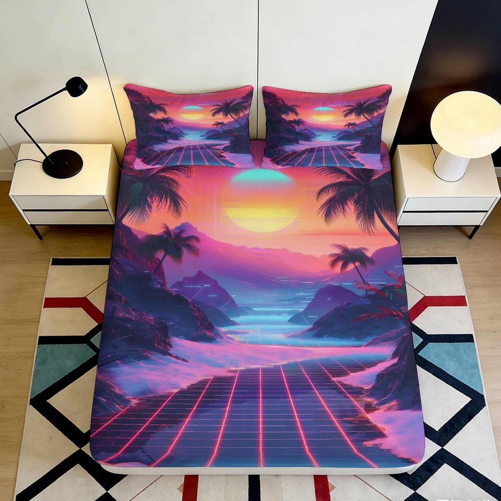3D Printed Sunset Beach Fitted Sheet Microfiber Soft Breathable Neon Palm Mattress Cover for Bedroom Decor 90x200x25cm
