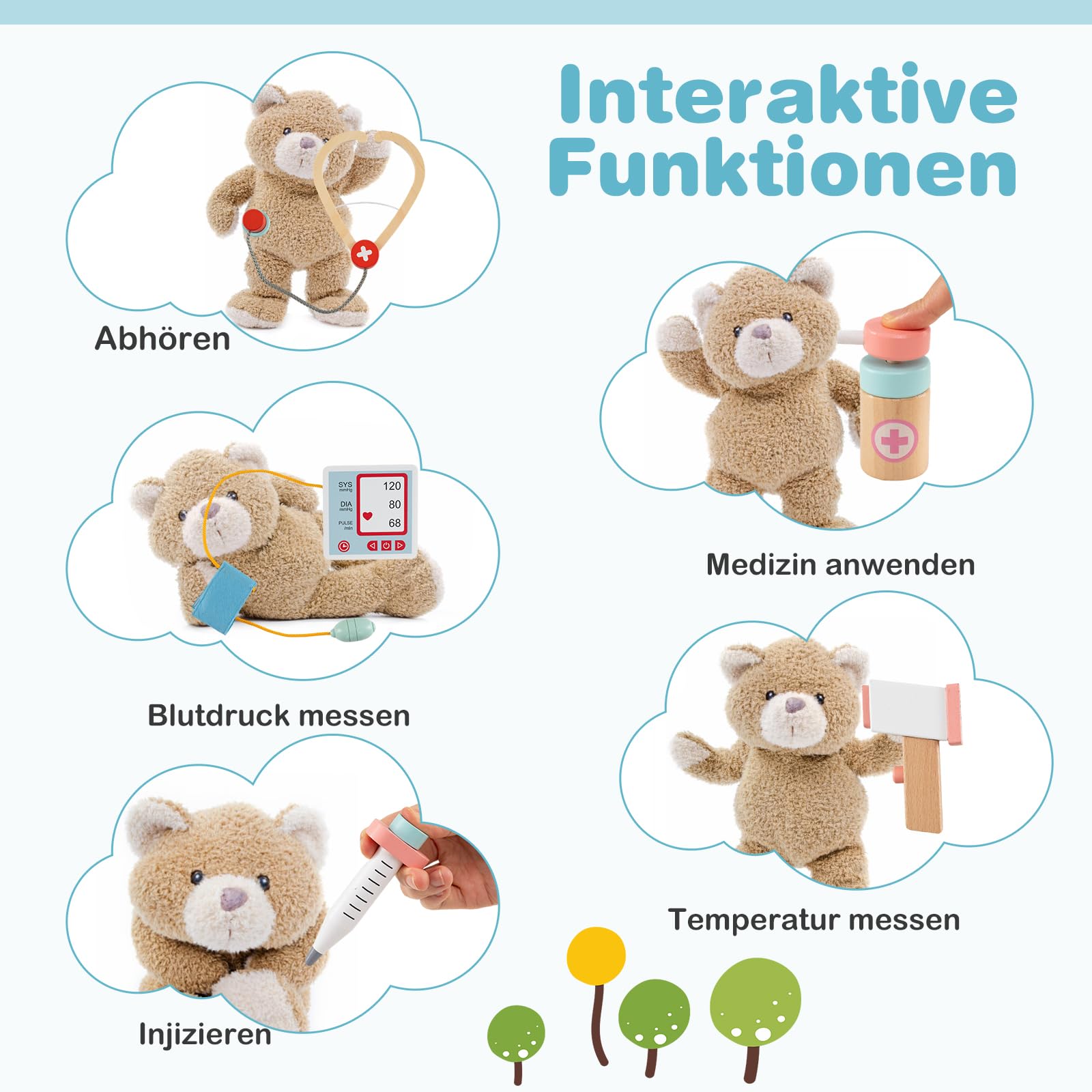 COSTWAY Krankenhaus Spielzeug, Doktor-Spielset Holz mit medizinischen Geräten & 24 Zubehör, inkl. Stethoskop & Blutdruckmessgerät & Spritze, Arzt-Rollenspiel für Kinder ab 3 Jahren (Blau)