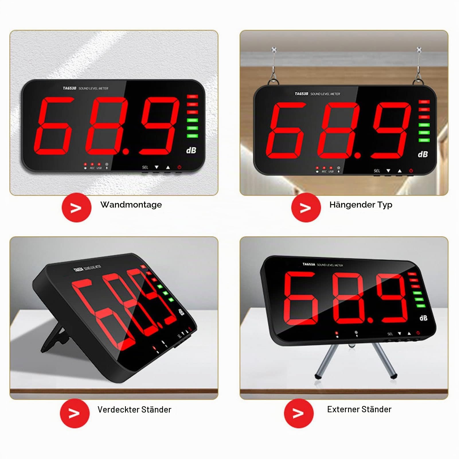 30dB~130dB Messgerät DC5V 1A Micro USB Dezibel Messgerät, TA654B 13 Zoll Bildschirm dB Anzeige LED Schallpegel Messgerät Wandbehang Digital Schallpegelmesser mit Alarm für Umgebungs Geräusch