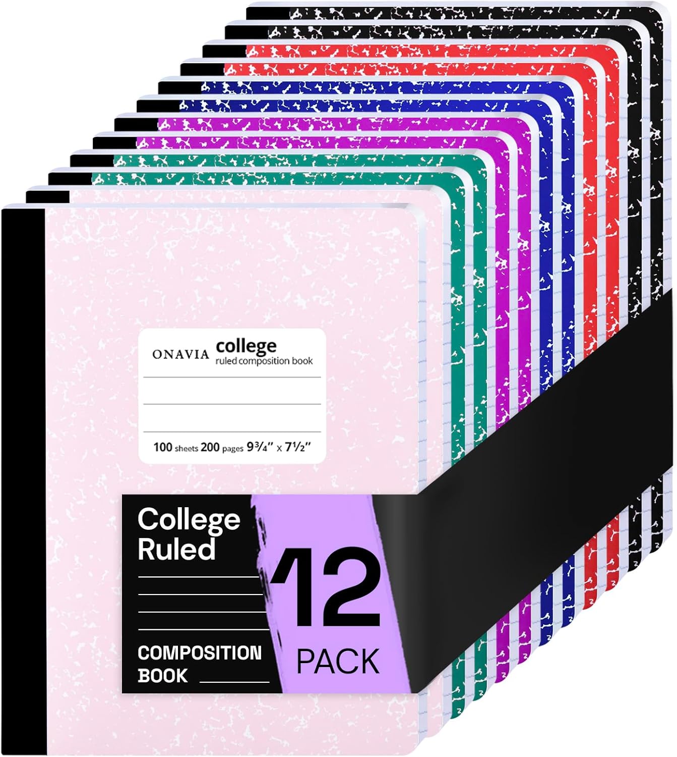 Composition Notebook College Ruled 12 Pack, 200 Pages (100 Sheets), 9-3/4 x 7-1/2, Marble Composition Books Bulk, Notebooks for School, Work,Hard Cover Comp Book,School Supplies,Assorted Colors